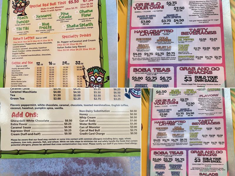 Tiki Tops Coffee Shop Menu