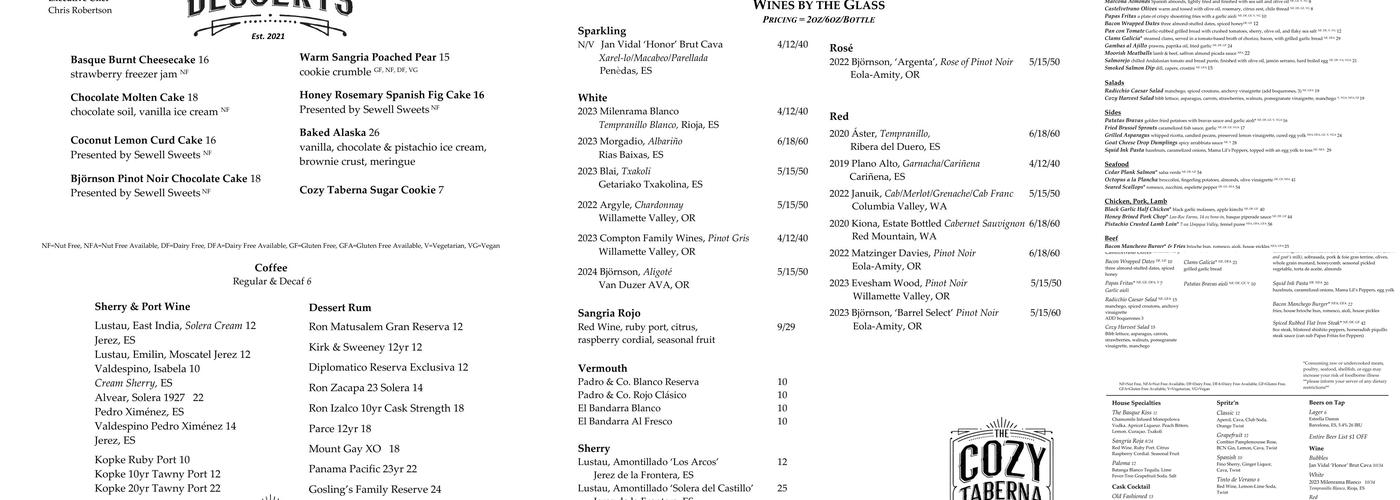 The Cozy Taberna Menu
