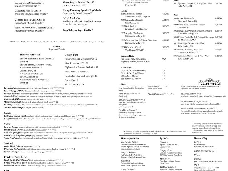 The Cozy Taberna Menu