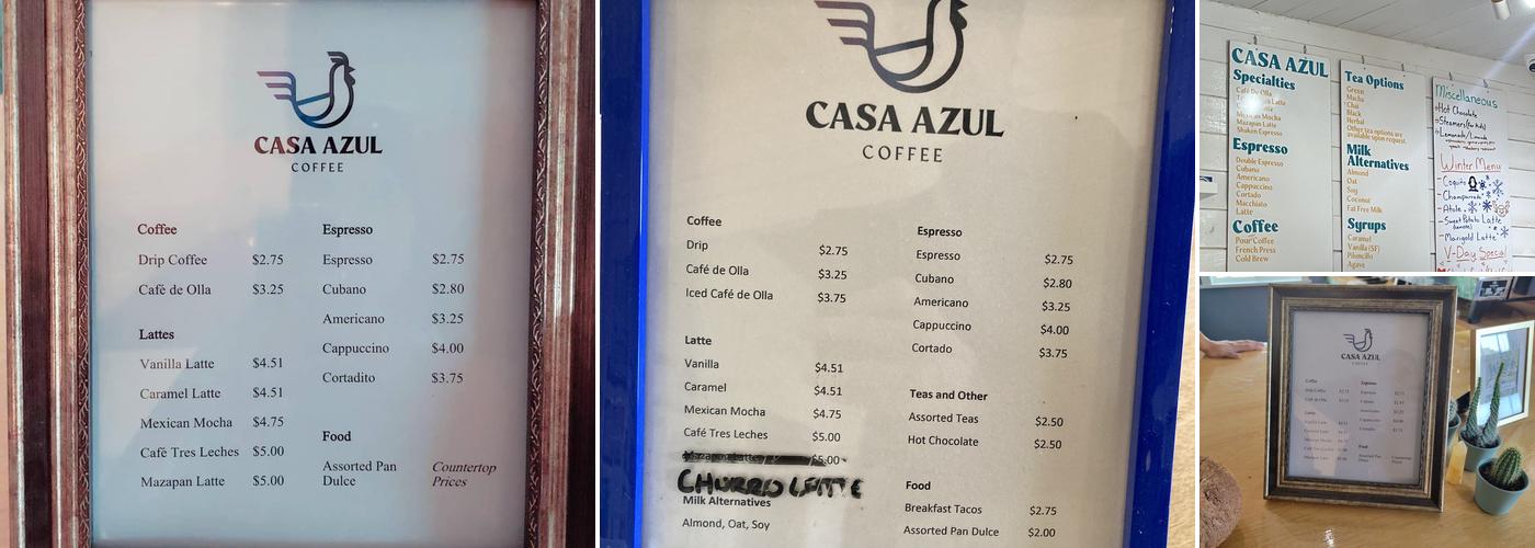 Casa Azul Coffee Menu