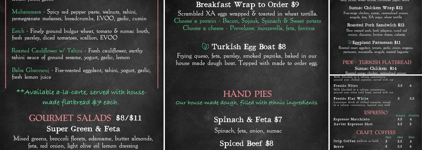 Xavier Artisan Bistro Menu