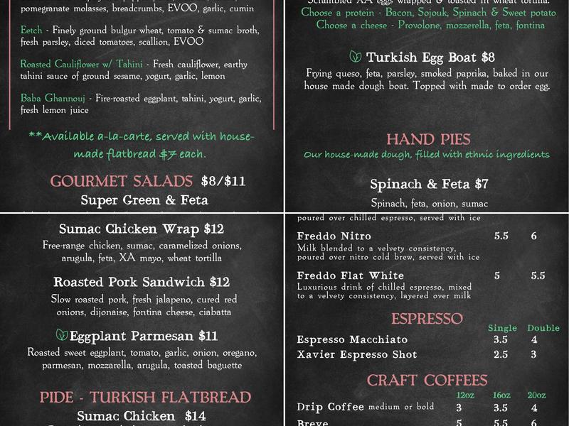 Xavier Artisan Bistro Menu