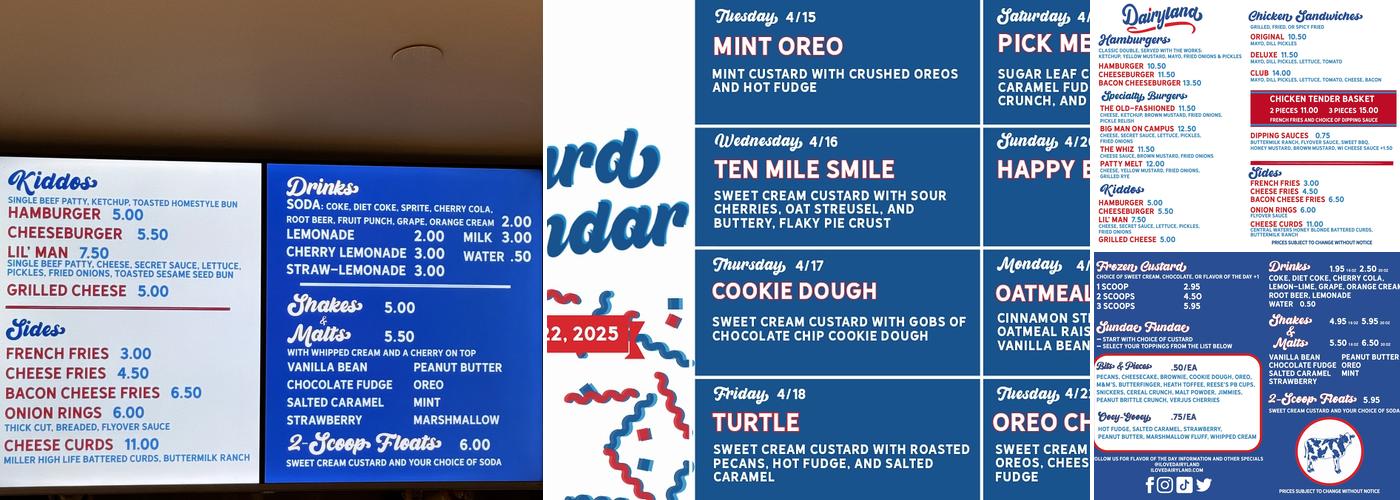 Dairyland Old-Fashioned Frozen Custard & Hamburgers Menu
