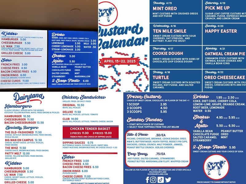 Dairyland Old-Fashioned Frozen Custard & Hamburgers Menu