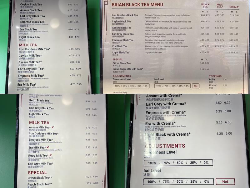 Brian Black Tea Menu