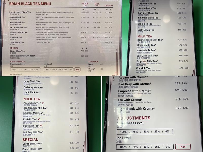 Brian Black Tea Menu