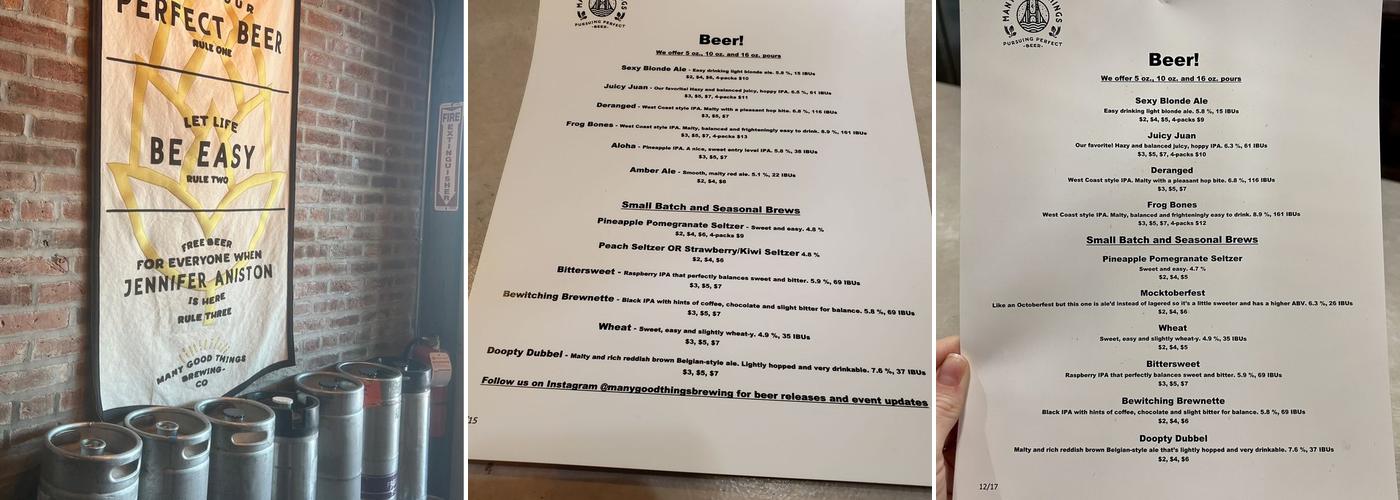 Many Good Things Brewing Menu