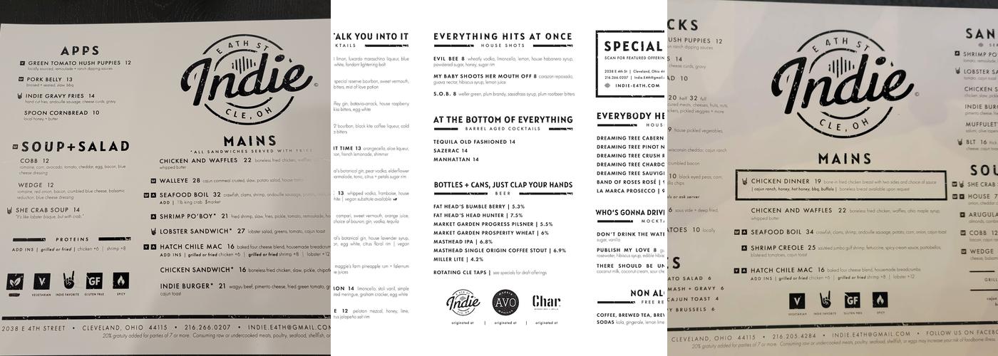 Indie Music Bar Menu
