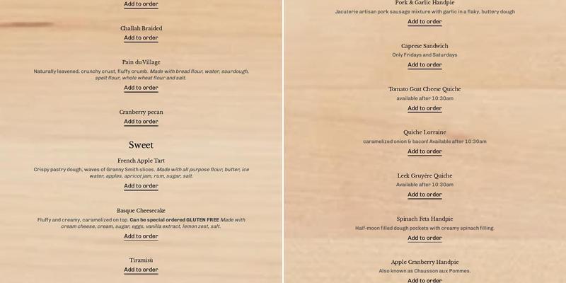 Pixie Boulangerie Menu