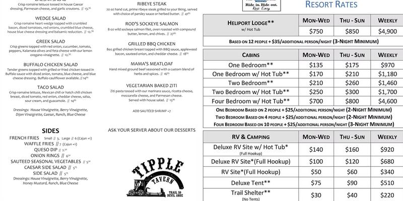 Devil's Backbone Adventure Resort Menu