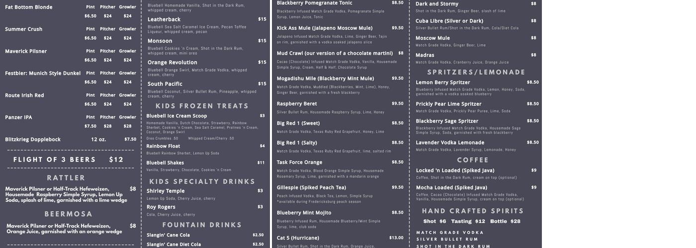 One Shot Distillery & Brewery Menu