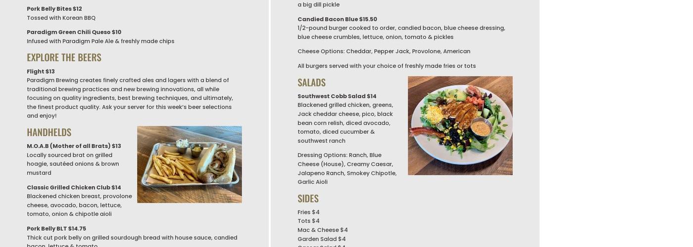 Paradigm Brewing Company Menu