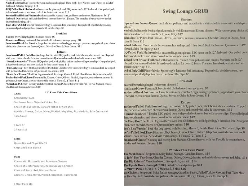 Swing Lounge Menu