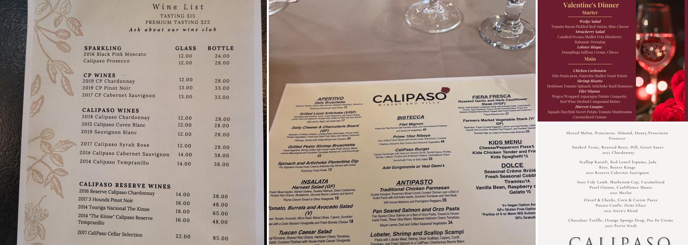CaliPaso Winery and Villa Menu