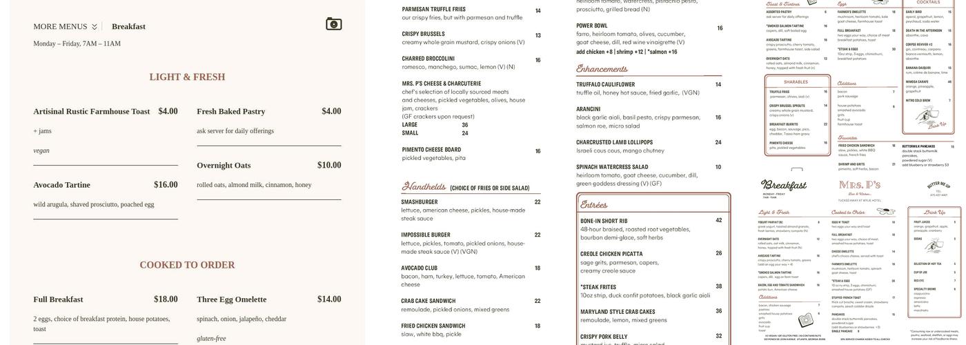 Mrs. P's Bar & Kitchen Menu