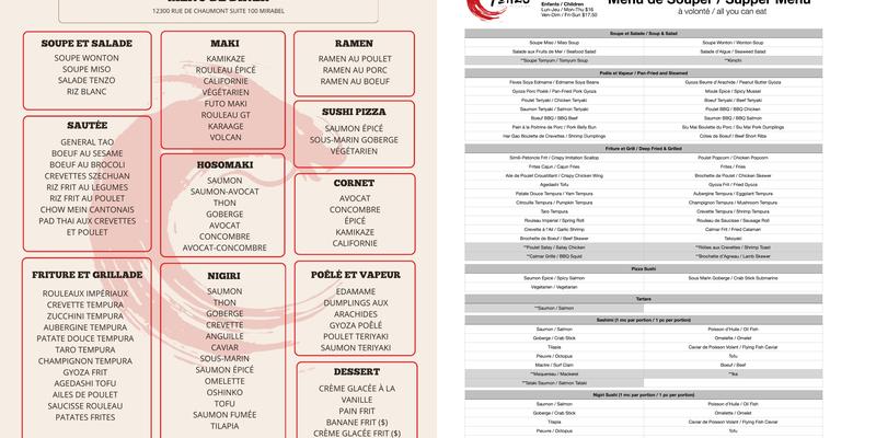 Tenzo Sushi et Fusion Menu