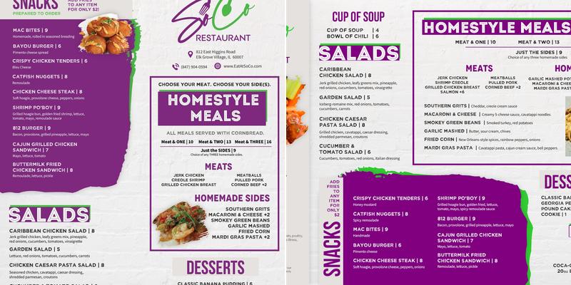 SoCo Restaurant Menu