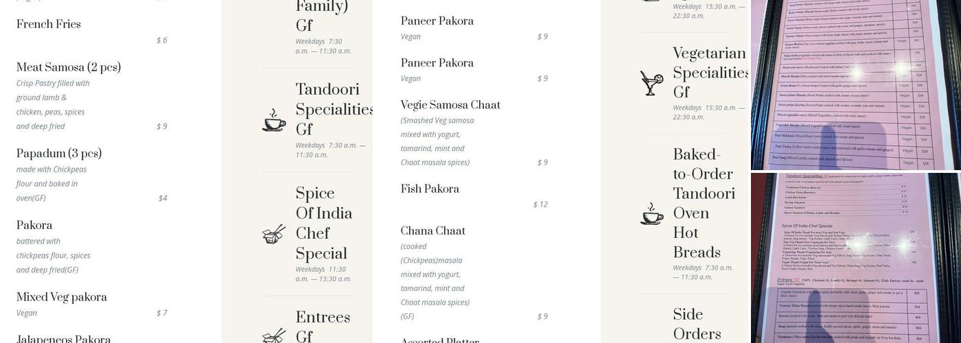 Spice Of India Restaurant and Bar Menu