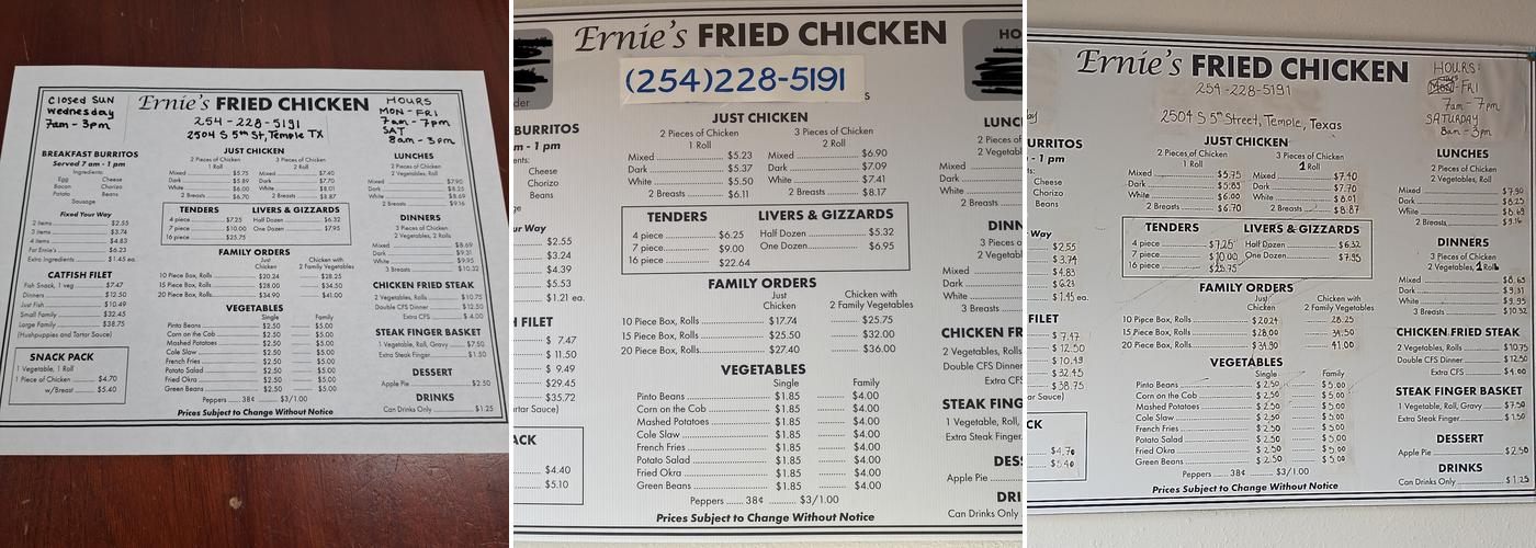 Ernie’s Fried Chicken Menu