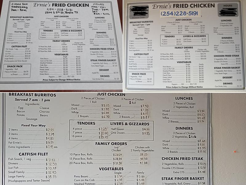 Ernie’s Fried Chicken Menu