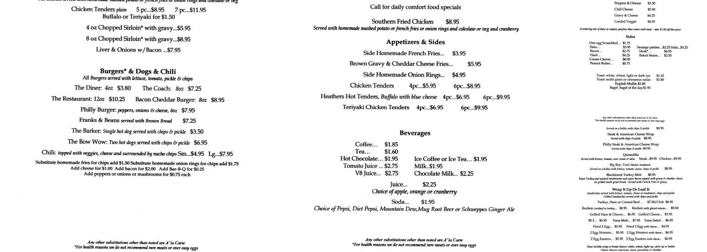 Bristol Diner Menu