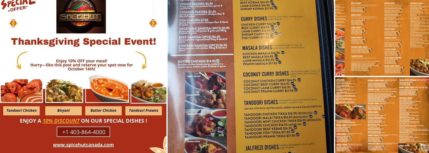 Spice Hut Indian Cuisine. Menu