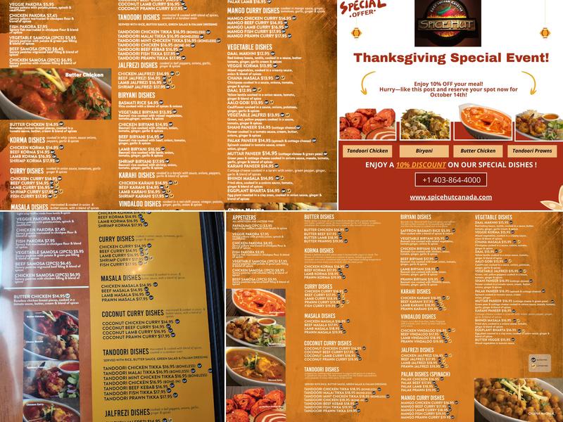Spice Hut Indian Cuisine. Menu
