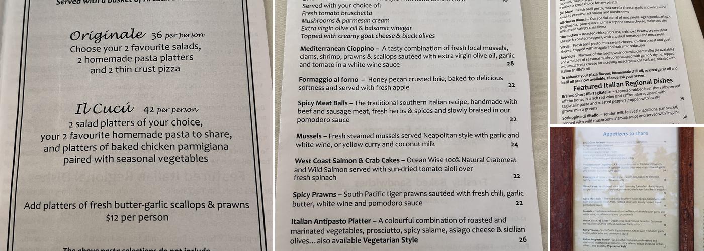 Cuckoo Trattoria and Pizzeria Menu