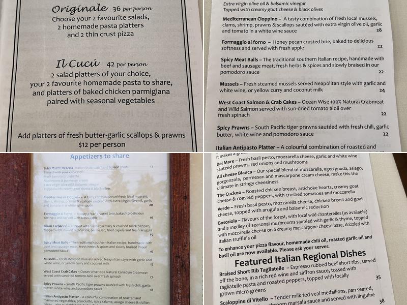 Cuckoo Trattoria and Pizzeria Menu