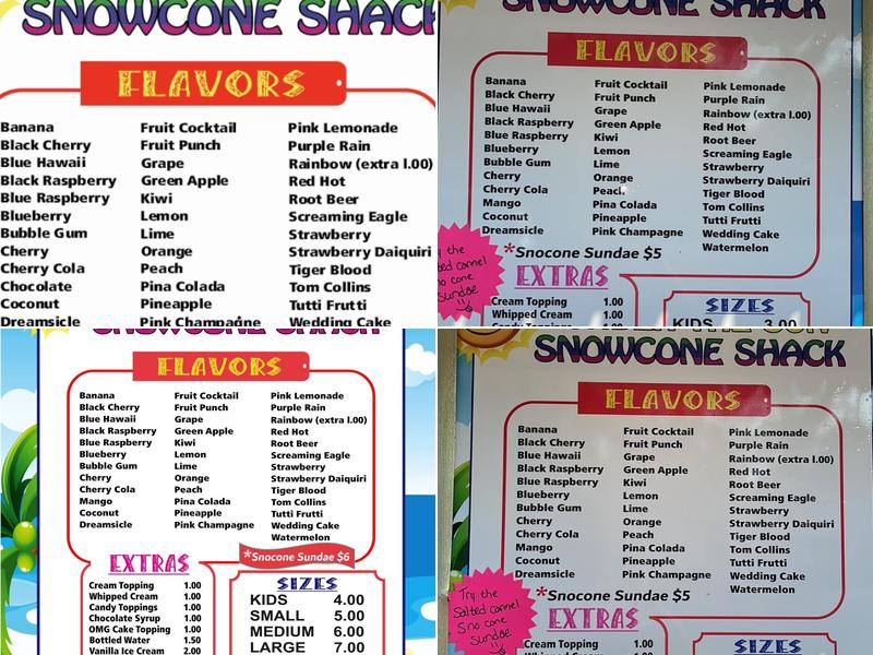 Under The Sun Sno Shack Menu