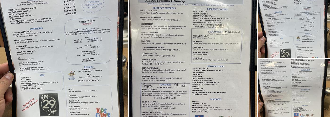 Old 29 Cafe Menu