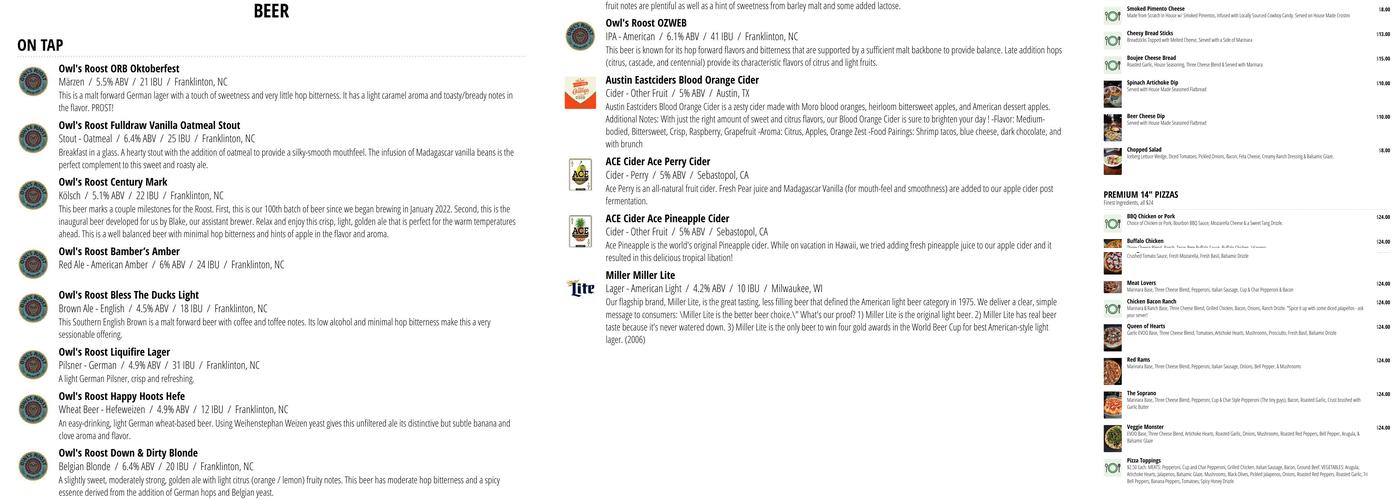 Owls Roost Brewery Menu