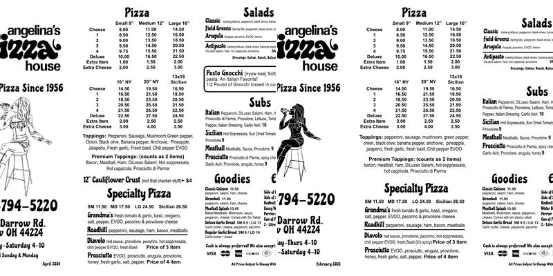 Angelina's Pizza House Menu