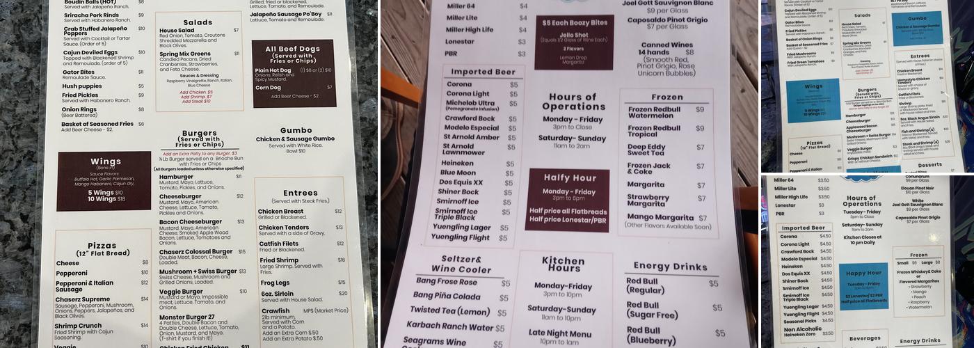 Chaserz Lakeside Bar and Grill Menu