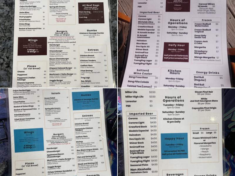Chaserz Lakeside Bar and Grill Menu