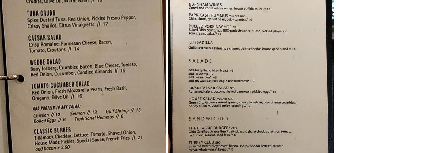 Eliot's Bar Menu