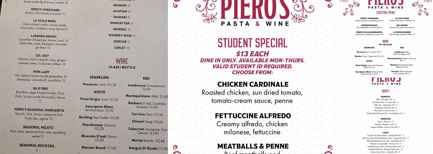 Piero's Pasta & Wine Menu