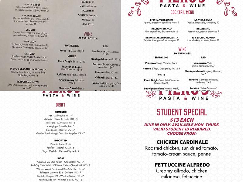 Piero's Pasta & Wine Menu