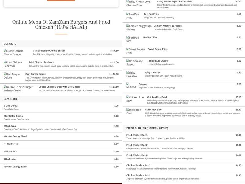 ZamZam Burgers & Fried Chicken (100% HALAL) Menu