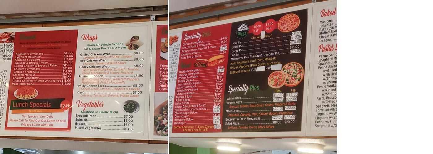 Primavera Pizzeria Menu