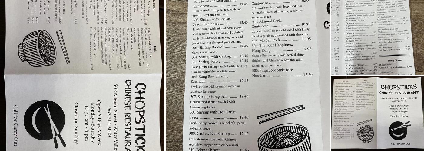 Chopsticks Chinese Restaurant Menu