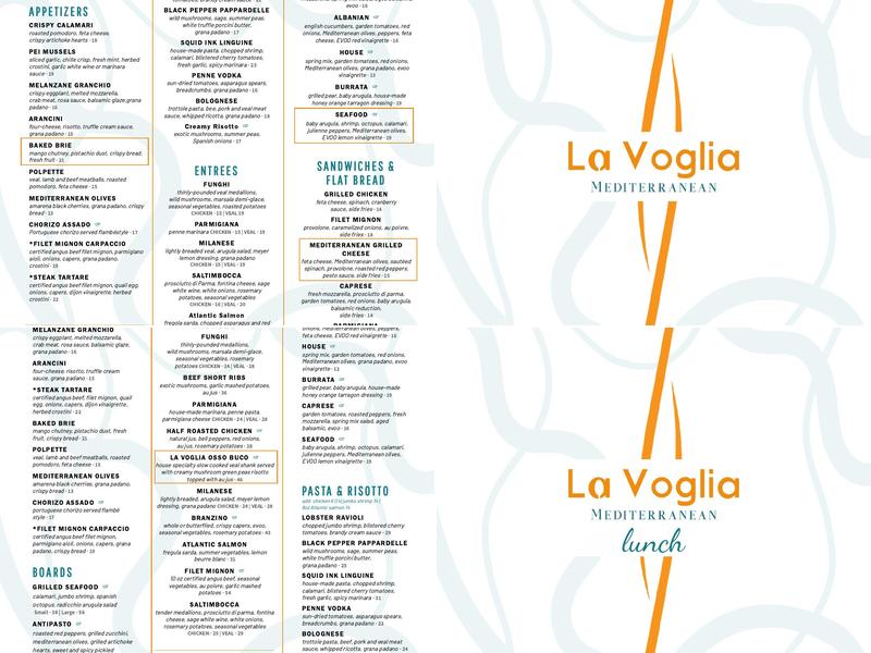 La Voglia Mediterranean Menu