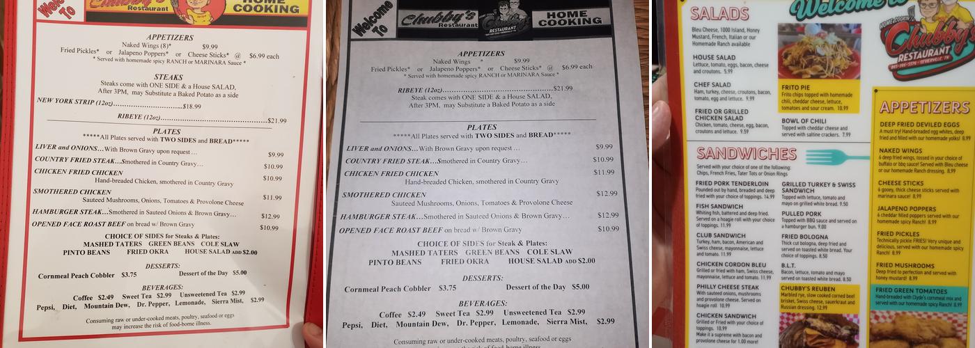 Chubby's Restaurant Menu