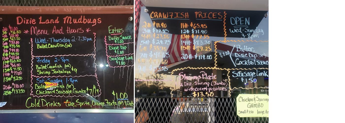 Dixie Land Mudbugs & More Menu