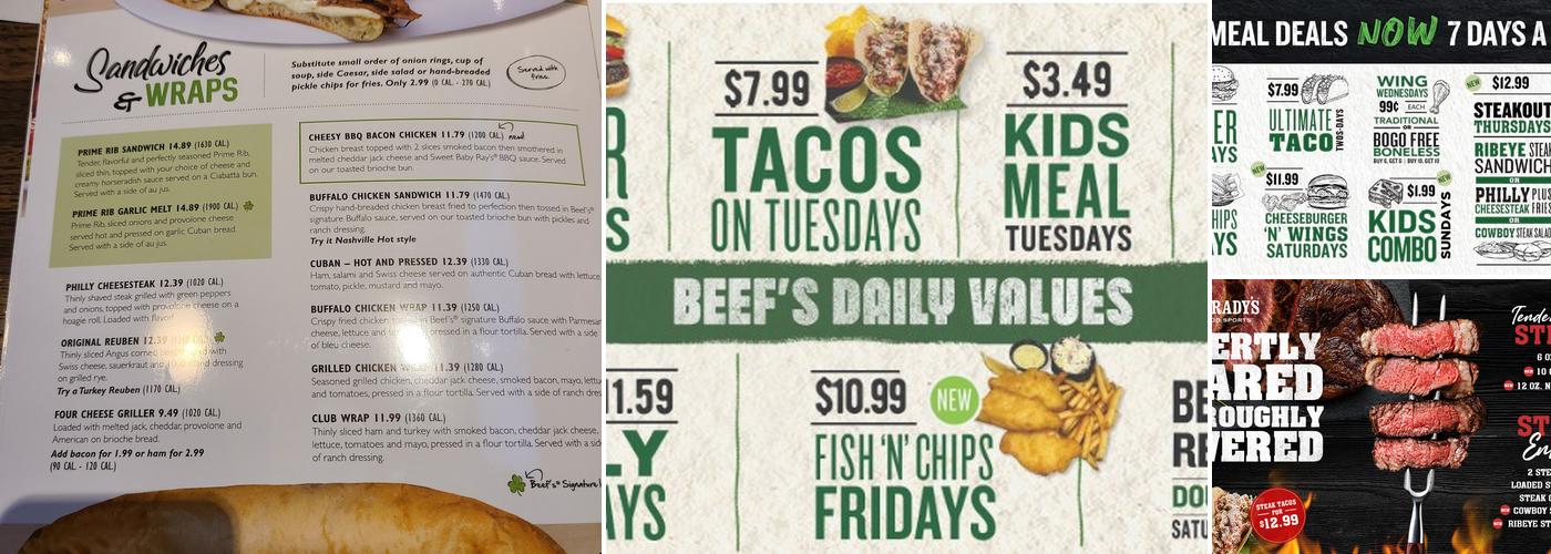 Beef 'O' Brady's Menu