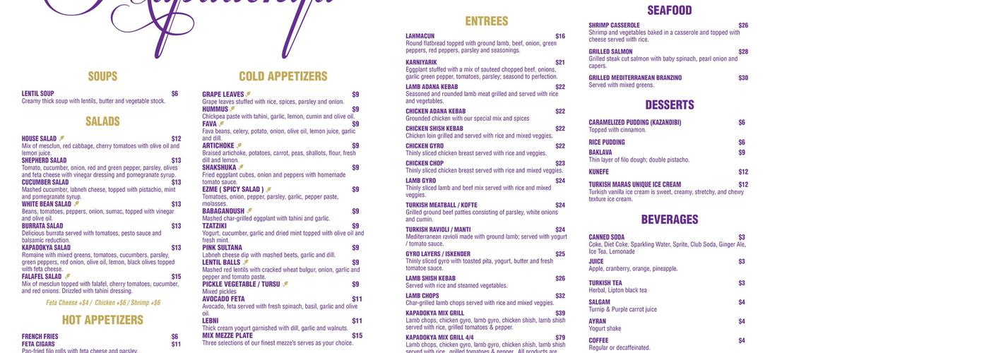 KAPADOKYA MEDITERRANEAN CUISINE Menu