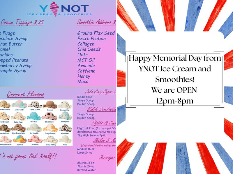 Y Not Ice Cream and Smoothies Menu