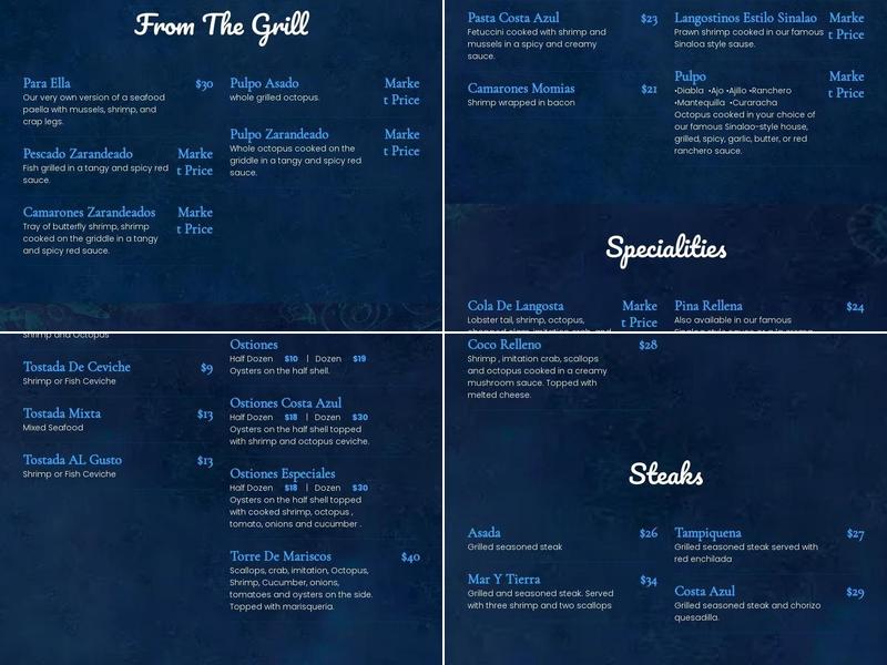 Costa Azul Menu