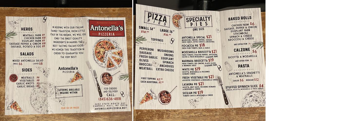 Antonella's Pizzeria Menu