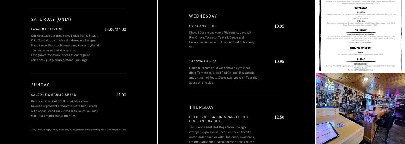 Thee Back Bar @ Thee Upper Crust Pizzeria Menu